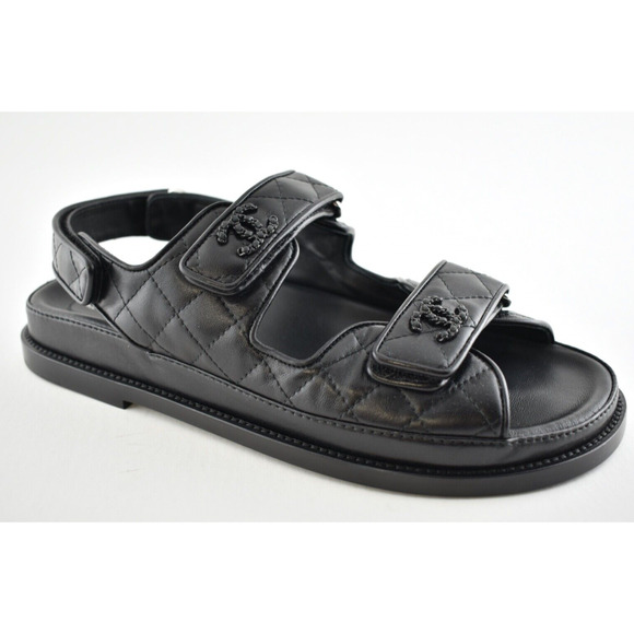 Chanel Black Leather Quilted Chain CC Logo Mule Slide Strap Flat Dad Sandal 36 - Picture 5 of 9